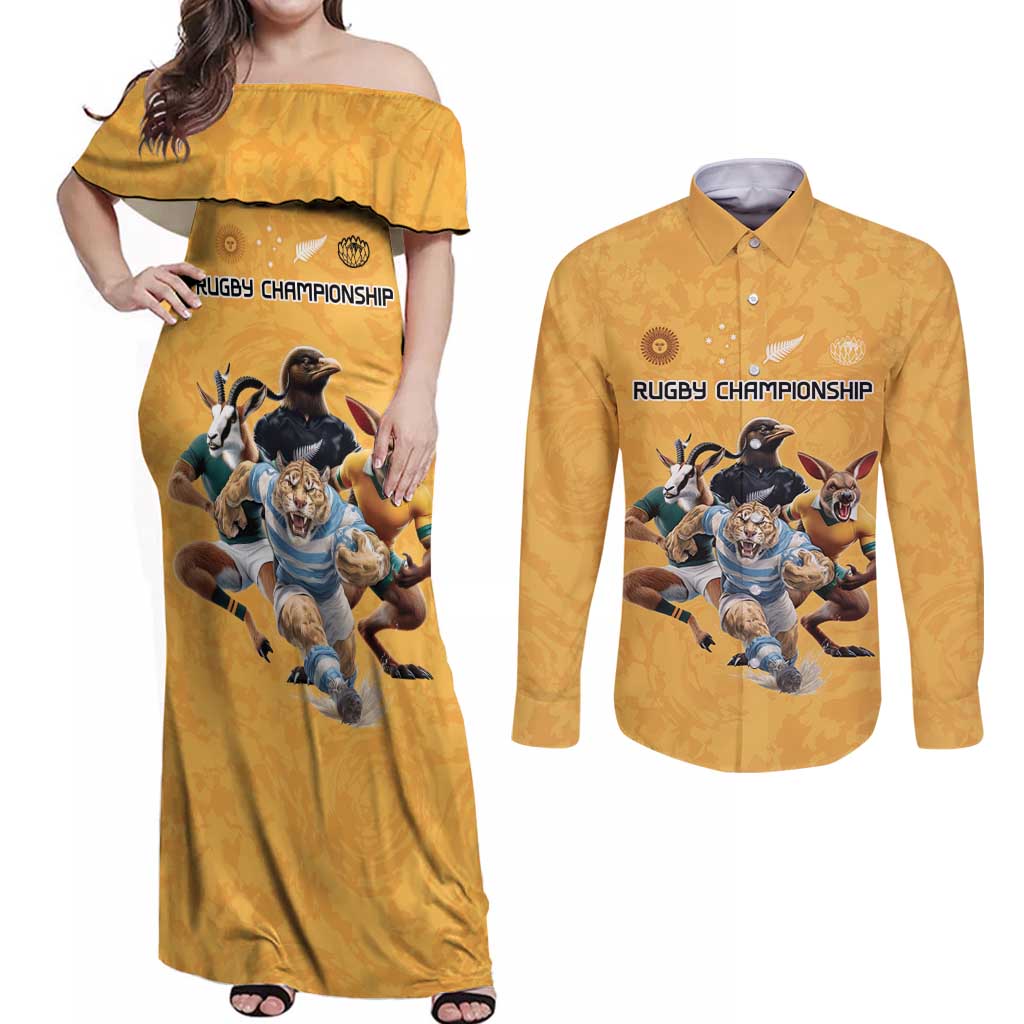 Custom Rugby Southern Hemisphere Couples Matching Off Shoulder Maxi Dress and Long Sleeve Button Shirt Argentina AUNZ South Africa Mascot Gold - Polynesian Pride
