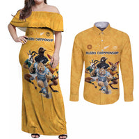Custom Rugby Southern Hemisphere Couples Matching Off Shoulder Maxi Dress and Long Sleeve Button Shirt Argentina AUNZ South Africa Mascot Gold - Polynesian Pride