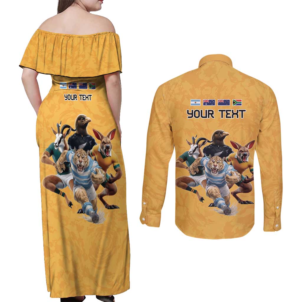 Custom Rugby Southern Hemisphere Couples Matching Off Shoulder Maxi Dress and Long Sleeve Button Shirt Argentina AUNZ South Africa Mascot Gold - Polynesian Pride