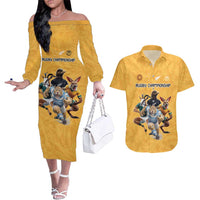Custom Rugby Southern Hemisphere Couples Matching Off The Shoulder Long Sleeve Dress and Hawaiian Shirt Argentina AUNZ South Africa Mascot Gold - Polynesian Pride