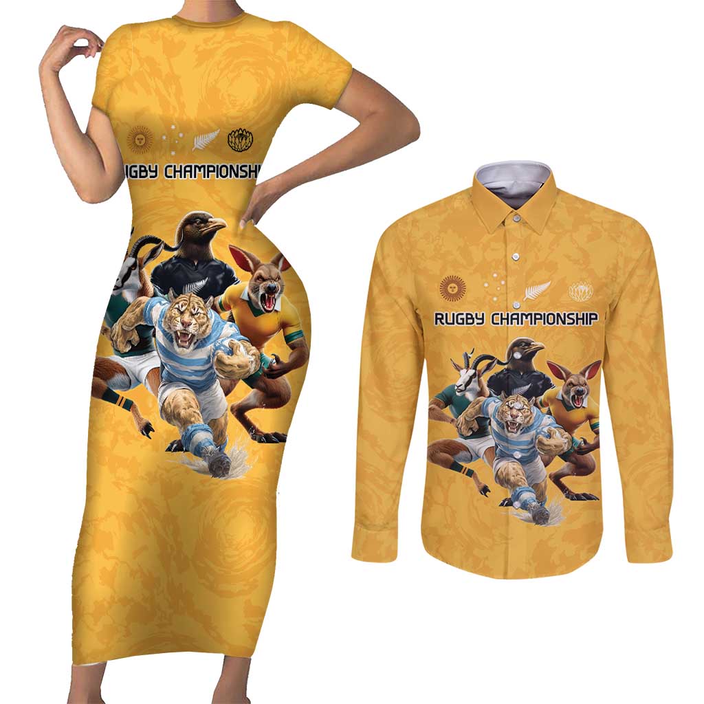 Custom Rugby Southern Hemisphere Couples Matching Short Sleeve Bodycon Dress and Long Sleeve Button Shirt Argentina AUNZ South Africa Mascot Gold - Polynesian Pride