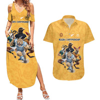 Custom Rugby Southern Hemisphere Couples Matching Summer Maxi Dress and Hawaiian Shirt Argentina AUNZ South Africa Mascot Gold - Polynesian Pride