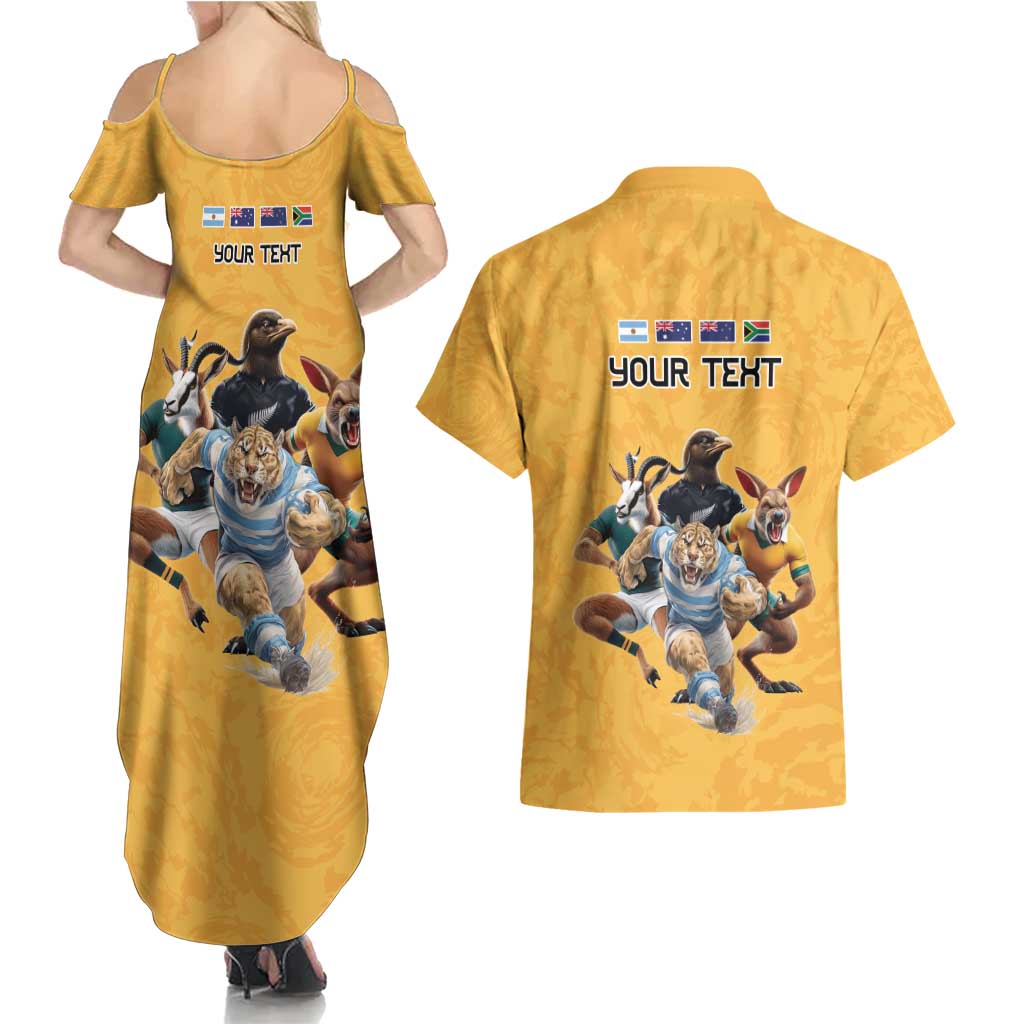 Custom Rugby Southern Hemisphere Couples Matching Summer Maxi Dress and Hawaiian Shirt Argentina AUNZ South Africa Mascot Gold - Polynesian Pride
