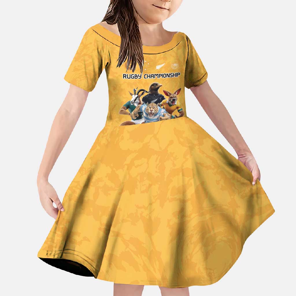 Custom Rugby Southern Hemisphere Family Matching Long Sleeve Bodycon Dress and Hawaiian Shirt Argentina AUNZ South Africa Mascot Gold - Polynesian Pride