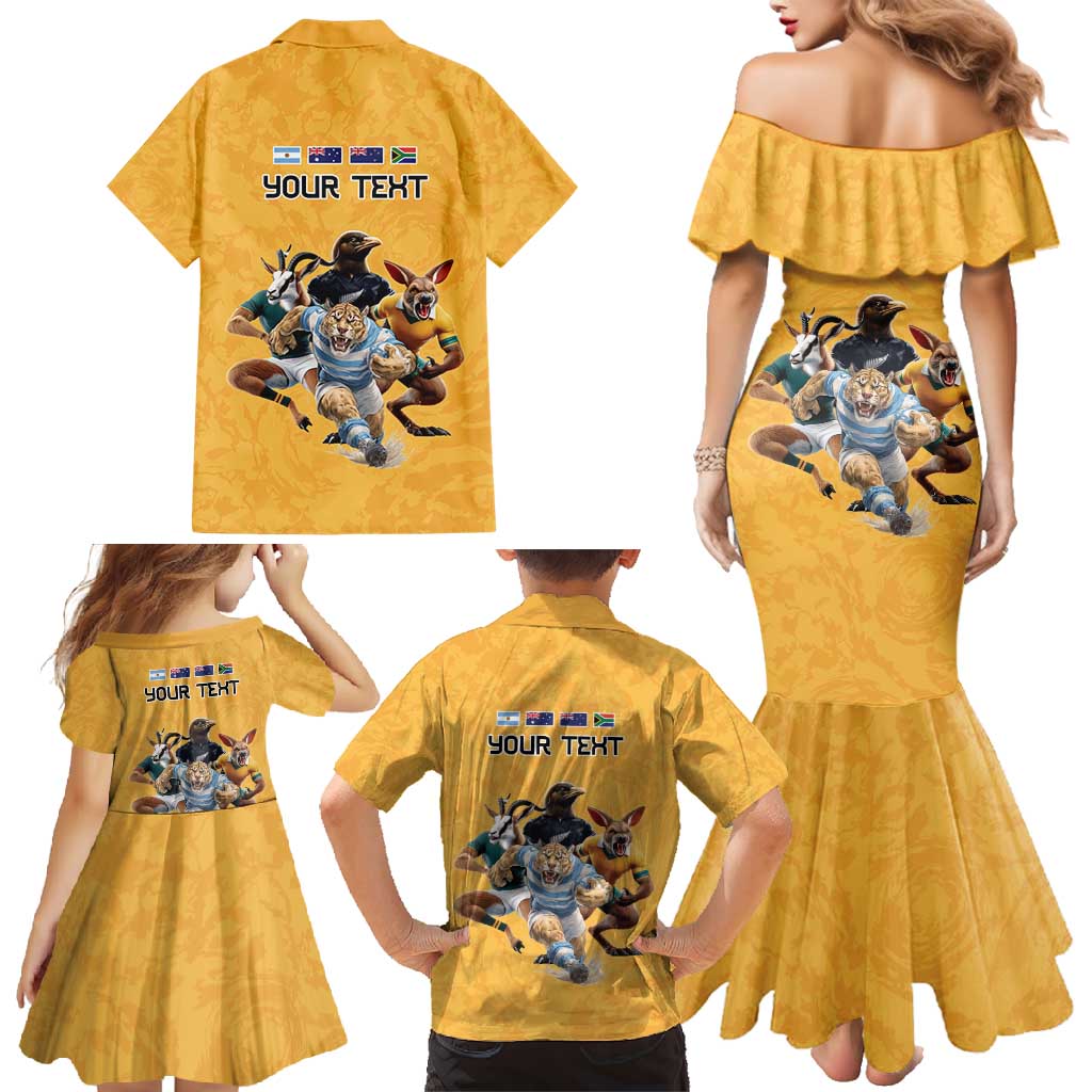 Custom Rugby Southern Hemisphere Family Matching Mermaid Dress and Hawaiian Shirt Argentina AUNZ South Africa Mascot Gold - Polynesian Pride