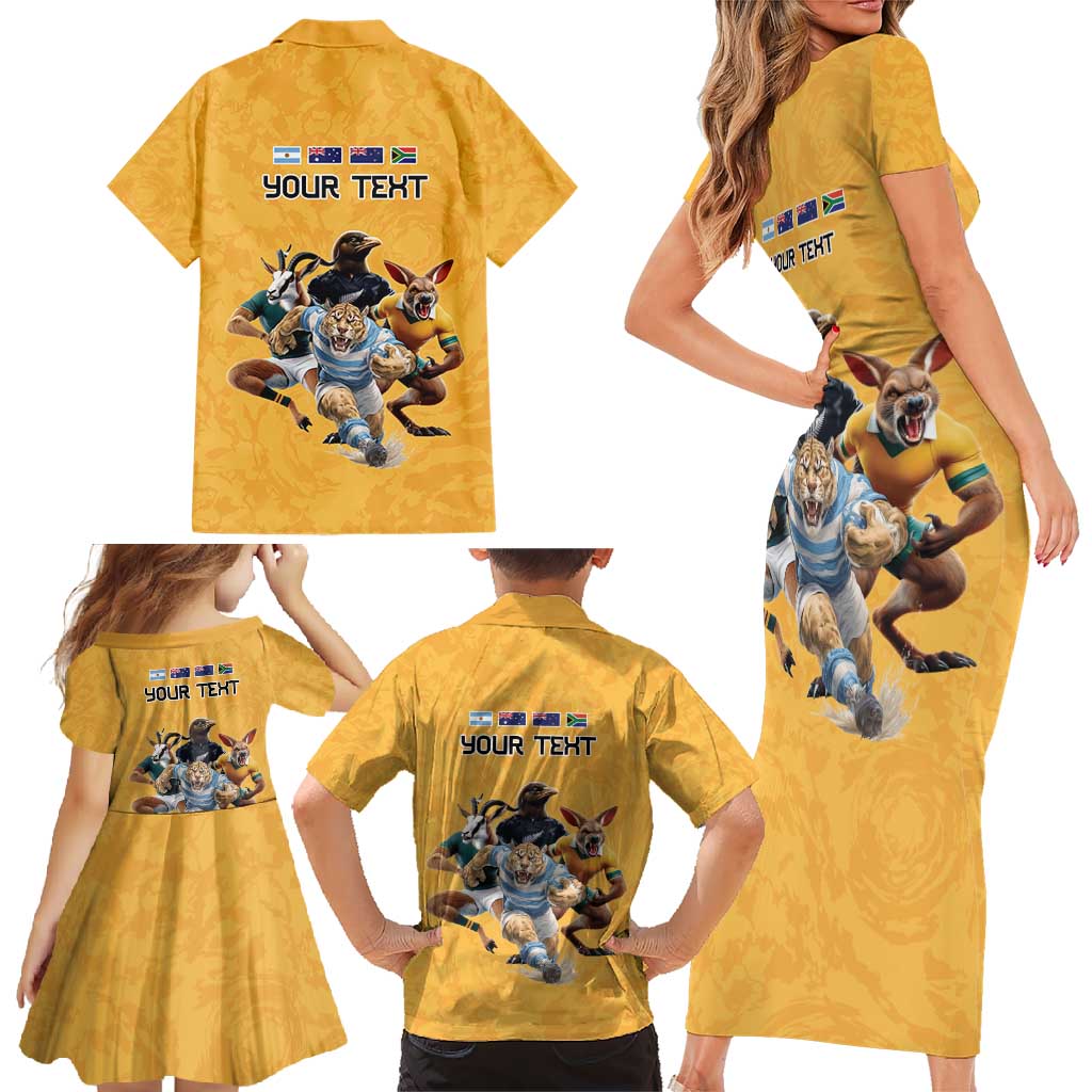 Custom Rugby Southern Hemisphere Family Matching Short Sleeve Bodycon Dress and Hawaiian Shirt Argentina AUNZ South Africa Mascot Gold - Polynesian Pride