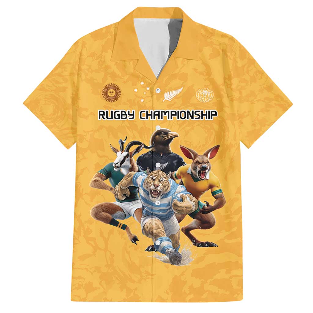 Custom Rugby Southern Hemisphere Family Matching Short Sleeve Bodycon Dress and Hawaiian Shirt Argentina AUNZ South Africa Mascot Gold - Polynesian Pride