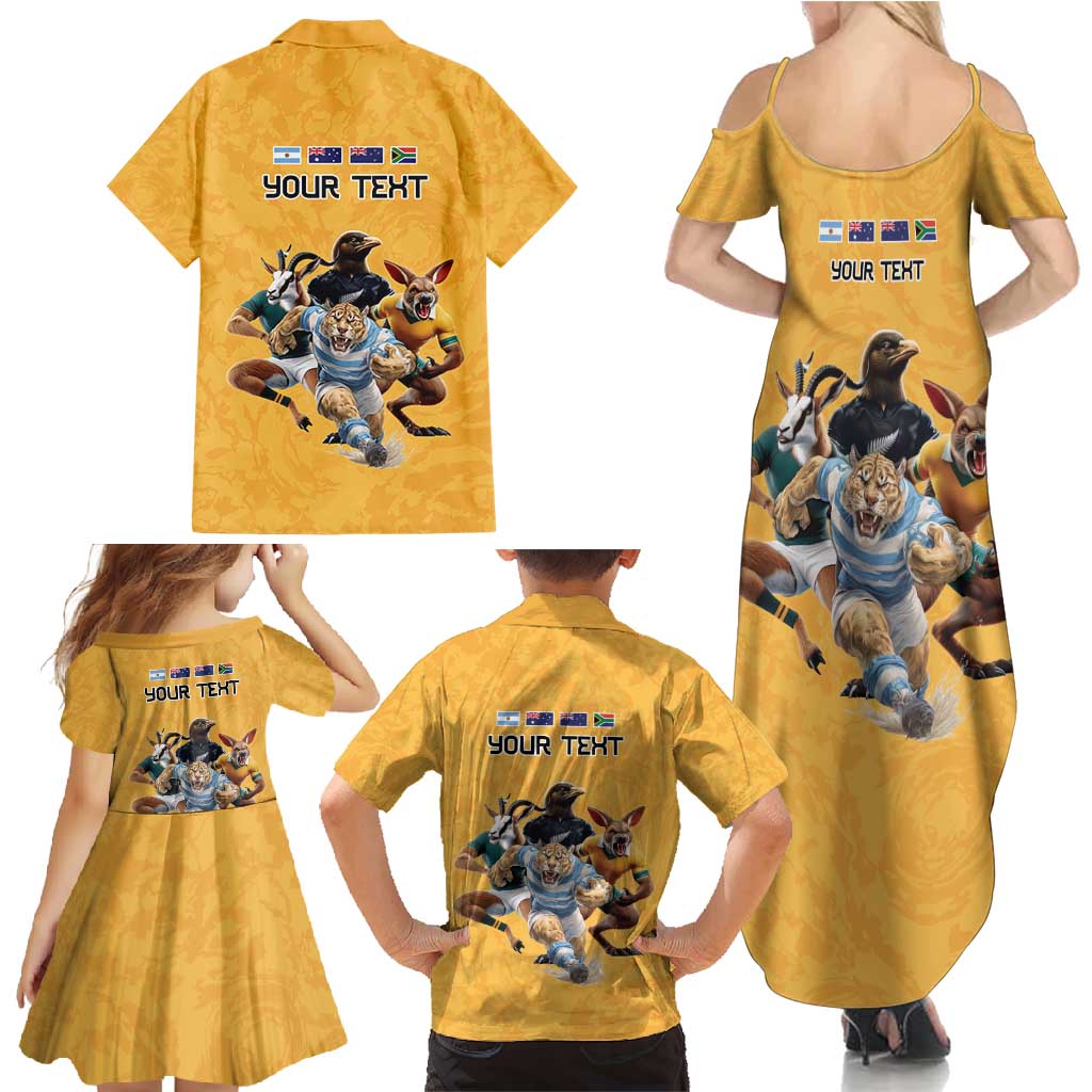 Custom Rugby Southern Hemisphere Family Matching Summer Maxi Dress and Hawaiian Shirt Argentina AUNZ South Africa Mascot Gold - Polynesian Pride