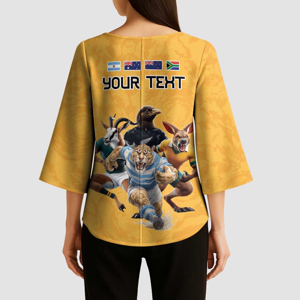 Custom Rugby Southern Hemisphere Kimono Sleeve Blouse Argentina AUNZ South Africa Mascot Gold - Polynesian Pride