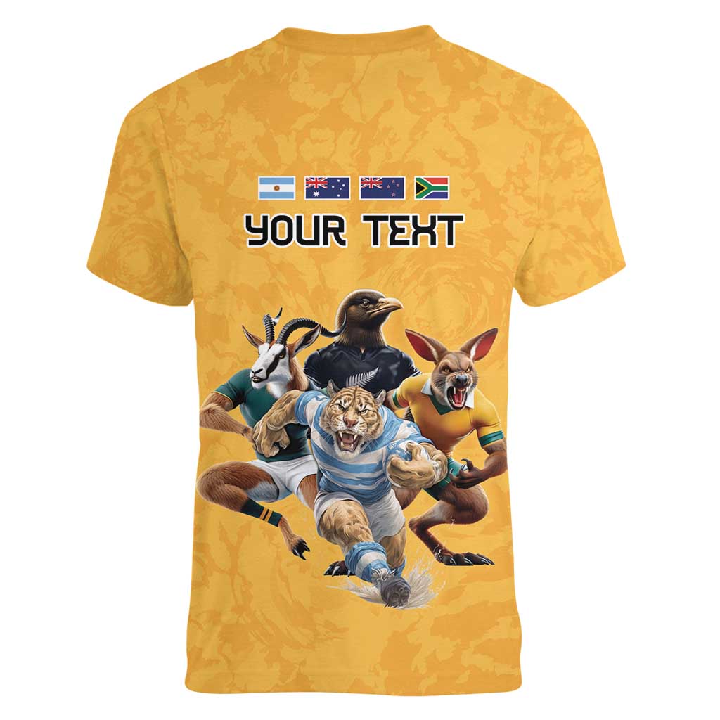 Custom Rugby Southern Hemisphere Women V-Neck T-Shirt Argentina AUNZ South Africa Mascot Gold - Polynesian Pride