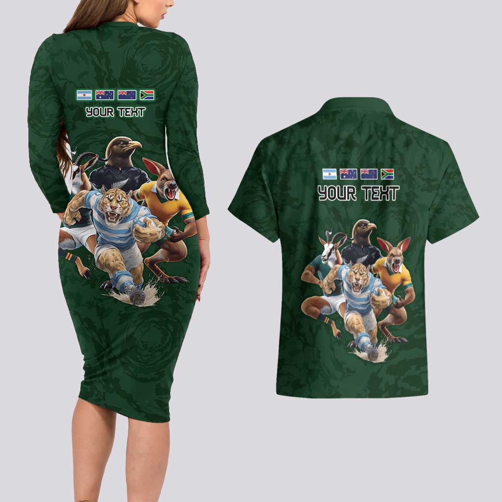 Custom Rugby Southern Hemisphere Couples Matching Long Sleeve Bodycon Dress and Hawaiian Shirt Argentina AUNZ South Africa Mascot Green - Polynesian Pride
