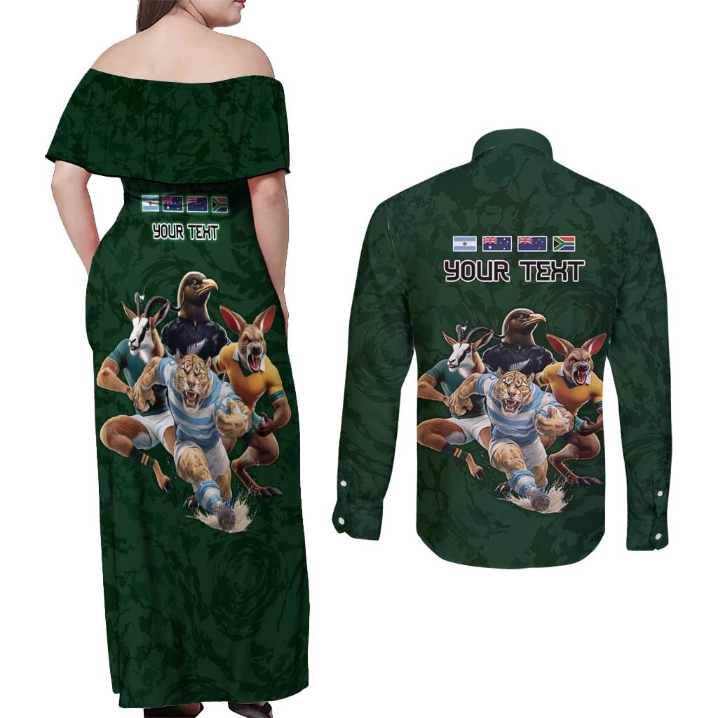 Custom Rugby Southern Hemisphere Couples Matching Off Shoulder Maxi Dress and Long Sleeve Button Shirt Argentina AUNZ South Africa Mascot Green - Polynesian Pride