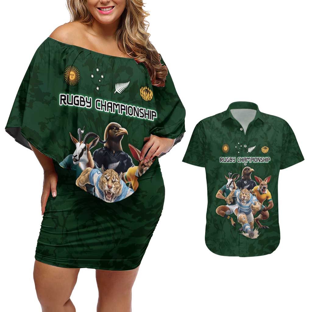 Custom Rugby Southern Hemisphere Couples Matching Off Shoulder Short Dress and Hawaiian Shirt Argentina AUNZ South Africa Mascot Green - Polynesian Pride