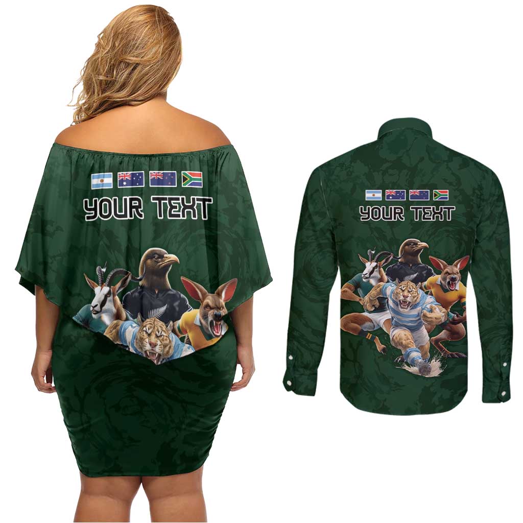 Custom Rugby Southern Hemisphere Couples Matching Off Shoulder Short Dress and Long Sleeve Button Shirt Argentina AUNZ South Africa Mascot Green - Polynesian Pride