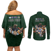 Custom Rugby Southern Hemisphere Couples Matching Off Shoulder Short Dress and Long Sleeve Button Shirt Argentina AUNZ South Africa Mascot Green - Polynesian Pride