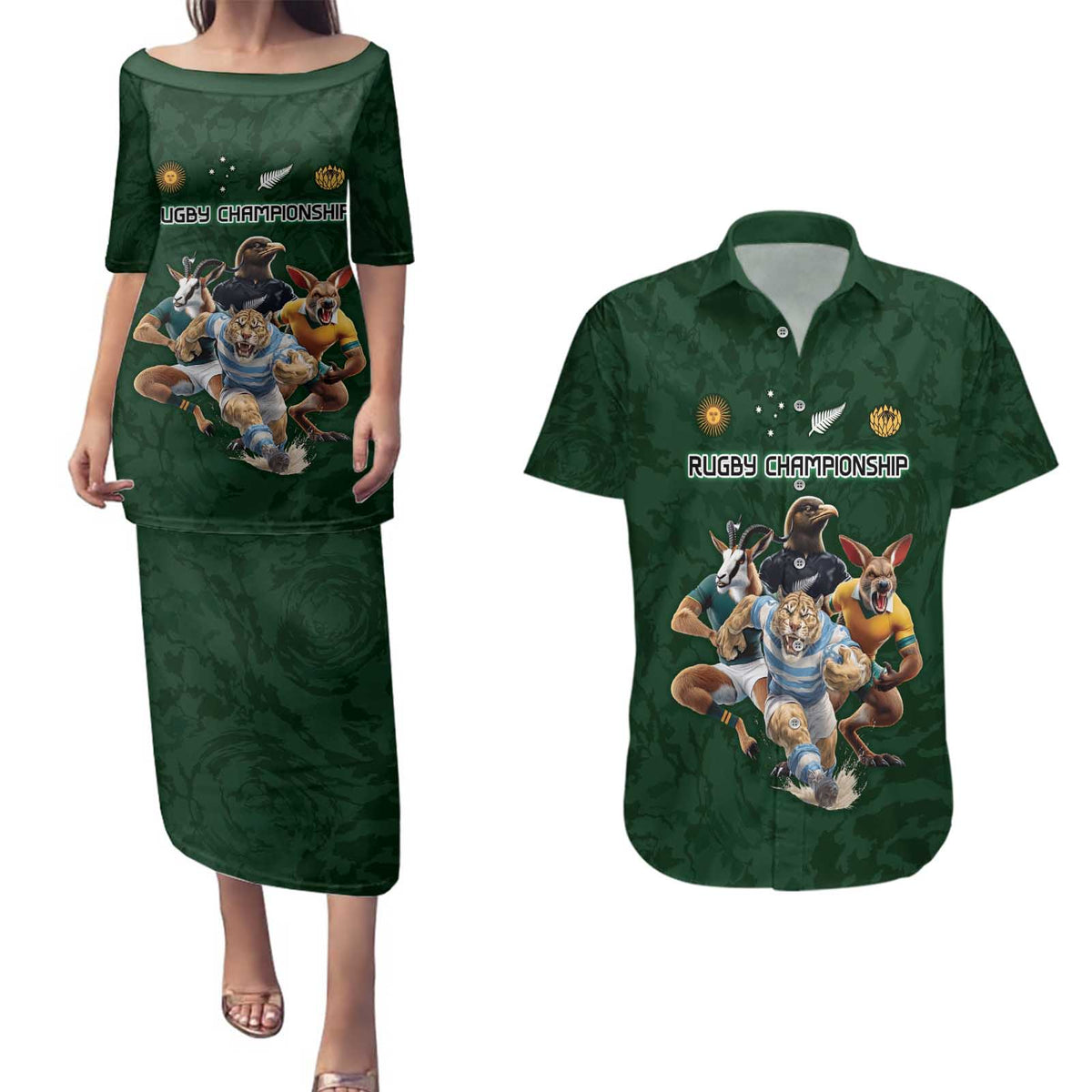 Custom Rugby Southern Hemisphere Couples Matching Puletasi and Hawaiian Shirt Argentina AUNZ South Africa Mascot Green - Polynesian Pride