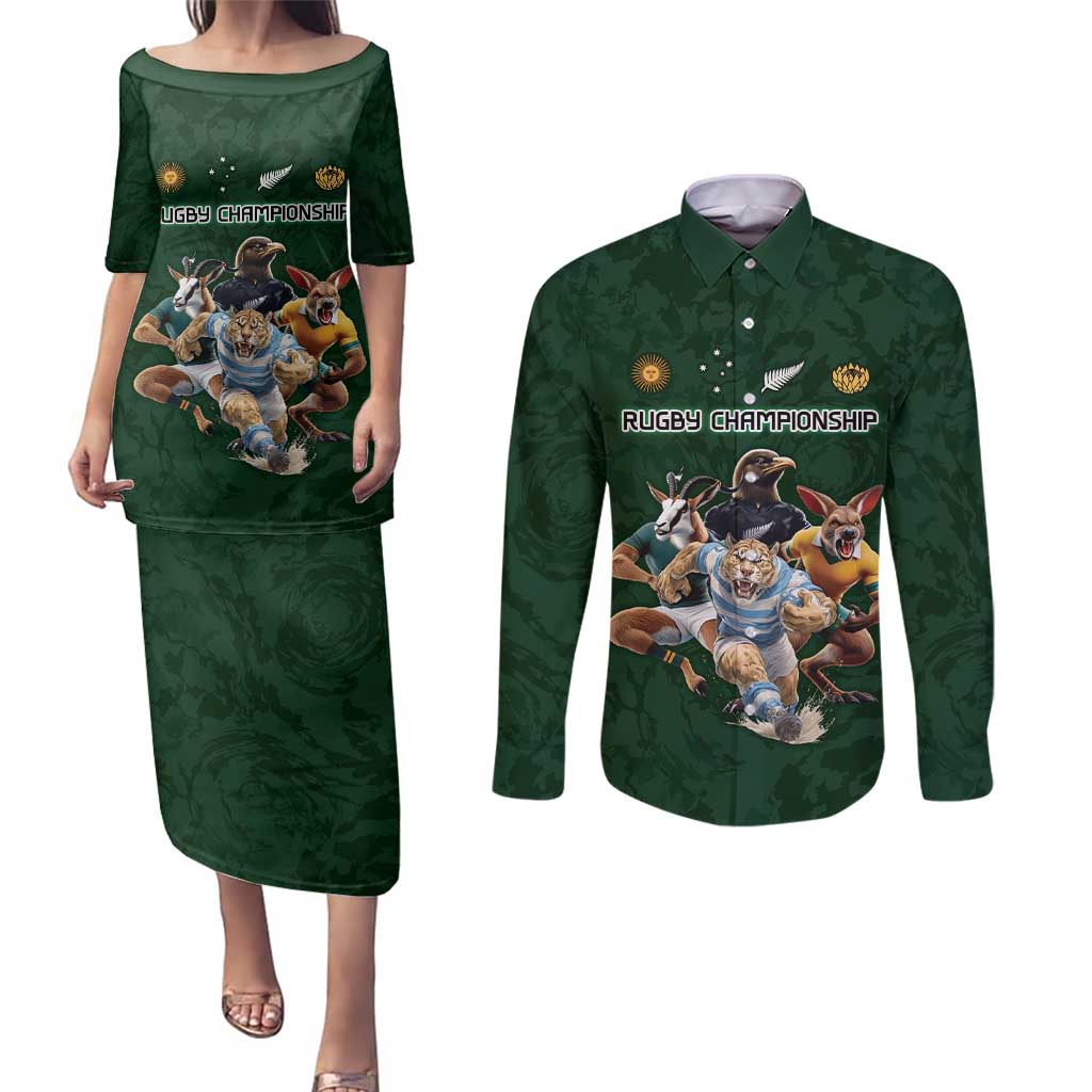 Custom Rugby Southern Hemisphere Couples Matching Puletasi and Long Sleeve Button Shirt Argentina AUNZ South Africa Mascot Green - Polynesian Pride