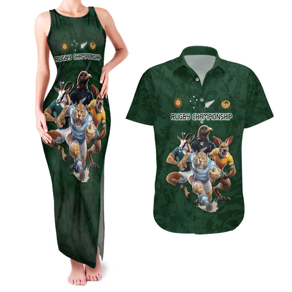 Custom Rugby Southern Hemisphere Couples Matching Tank Maxi Dress and Hawaiian Shirt Argentina AUNZ South Africa Mascot Green - Polynesian Pride