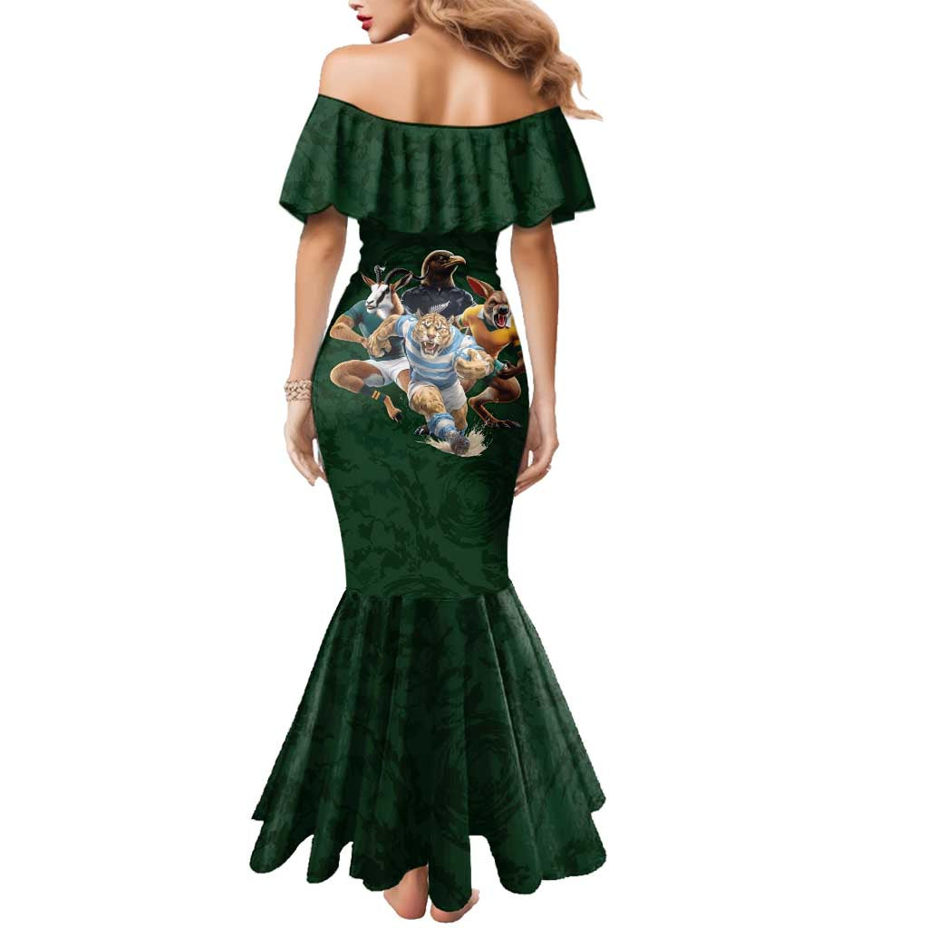 Custom Rugby Southern Hemisphere Family Matching Mermaid Dress and Hawaiian Shirt Argentina AUNZ South Africa Mascot Green - Polynesian Pride