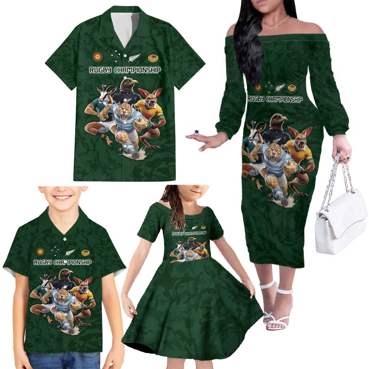 Custom Rugby Southern Hemisphere Family Matching Off The Shoulder Long Sleeve Dress and Hawaiian Shirt Argentina AUNZ South Africa Mascot Green - Polynesian Pride