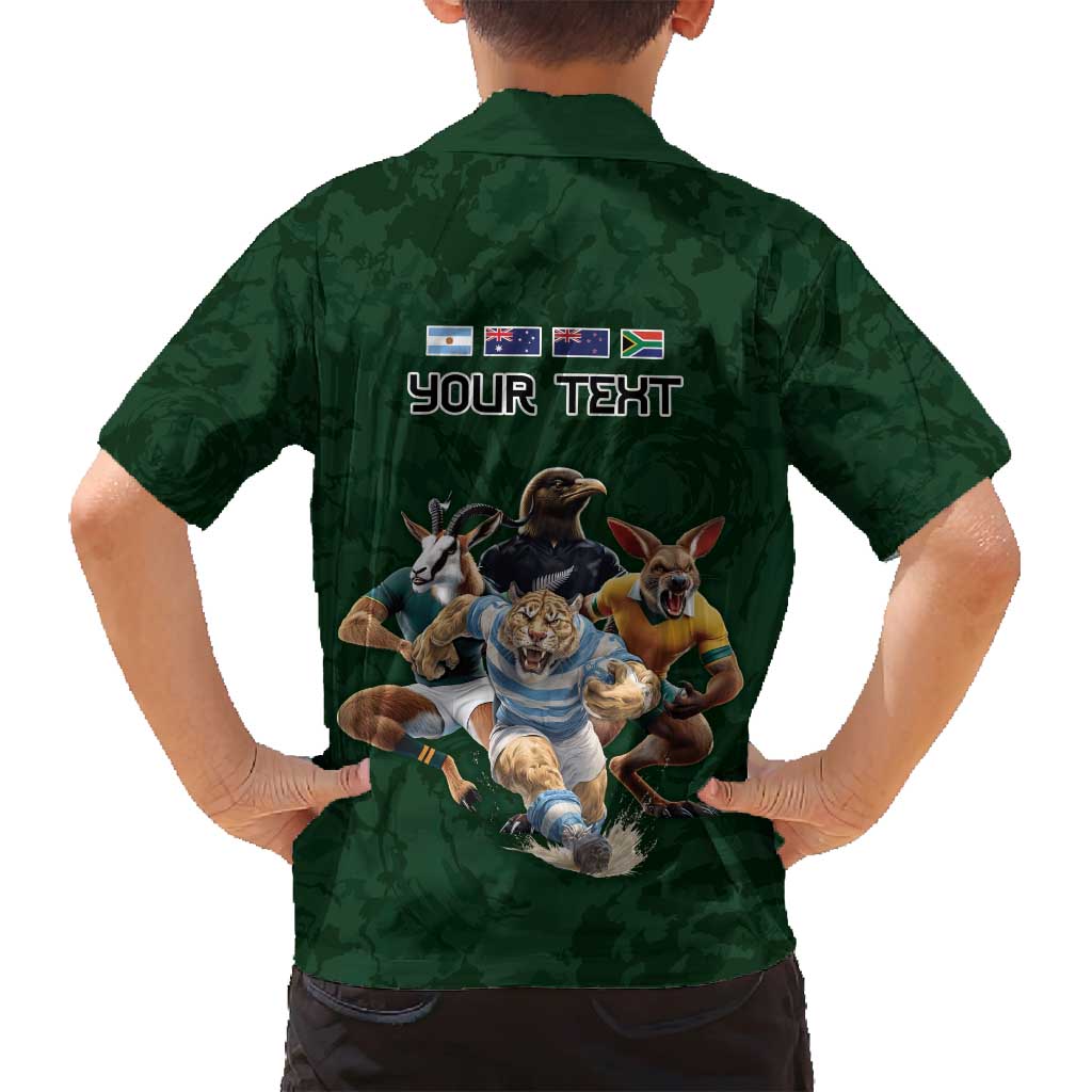Custom Rugby Southern Hemisphere Family Matching Off Shoulder Maxi Dress and Hawaiian Shirt Argentina AUNZ South Africa Mascot Green - Polynesian Pride