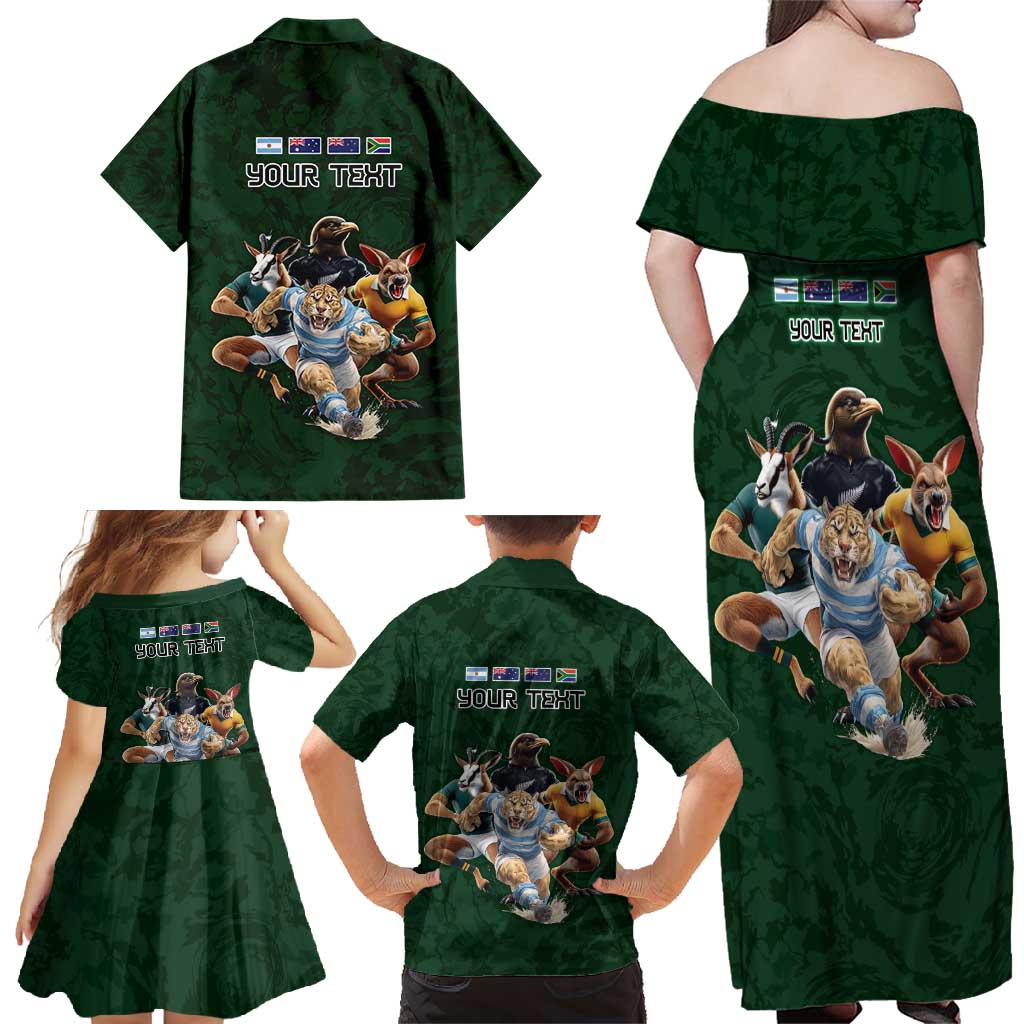 Custom Rugby Southern Hemisphere Family Matching Off Shoulder Maxi Dress and Hawaiian Shirt Argentina AUNZ South Africa Mascot Green - Polynesian Pride