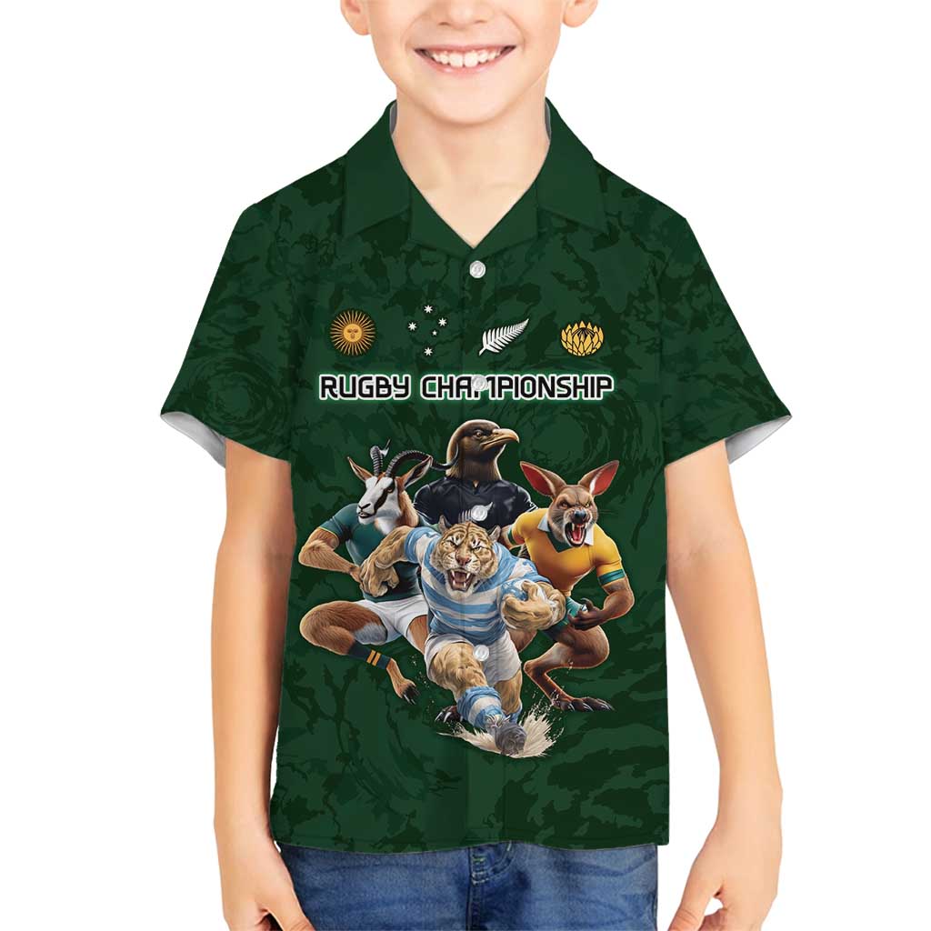 Custom Rugby Southern Hemisphere Family Matching Off Shoulder Maxi Dress and Hawaiian Shirt Argentina AUNZ South Africa Mascot Green - Polynesian Pride