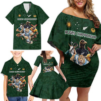 Custom Rugby Southern Hemisphere Family Matching Off Shoulder Short Dress and Hawaiian Shirt Argentina AUNZ South Africa Mascot Green - Polynesian Pride