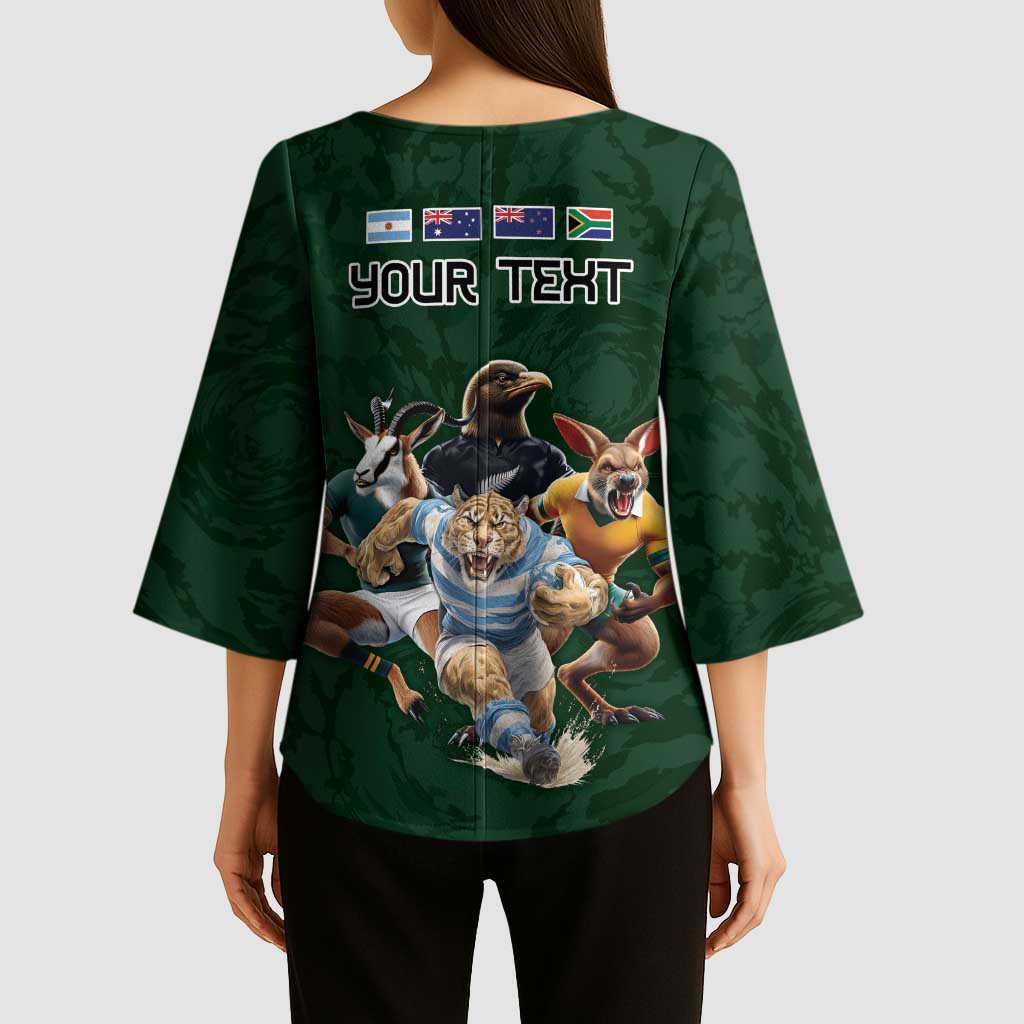Custom Rugby Southern Hemisphere Kimono Sleeve Blouse Argentina AUNZ South Africa Mascot Green - Polynesian Pride