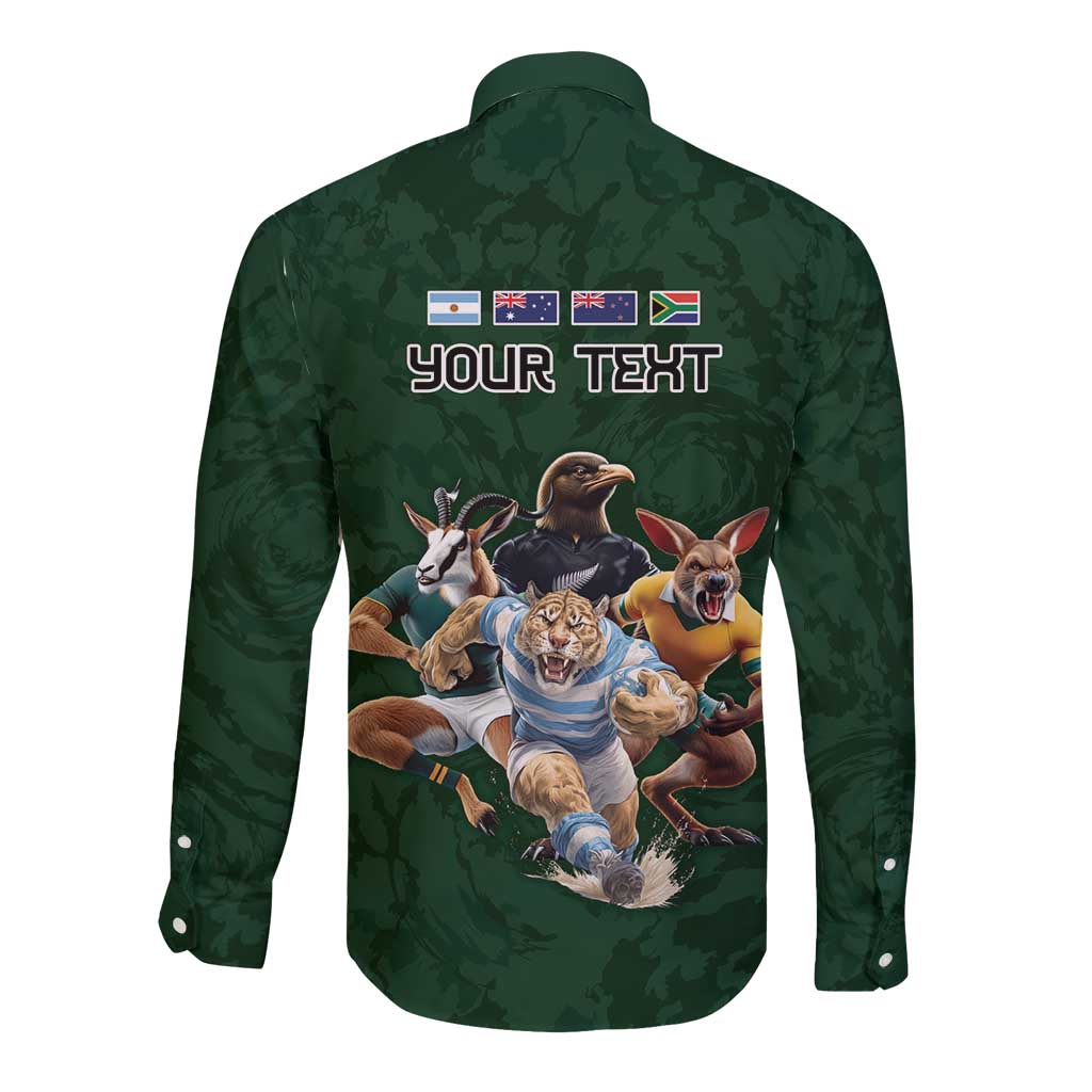 Custom Rugby Southern Hemisphere Long Sleeve Button Shirt Argentina AUNZ South Africa Mascot Green - Polynesian Pride