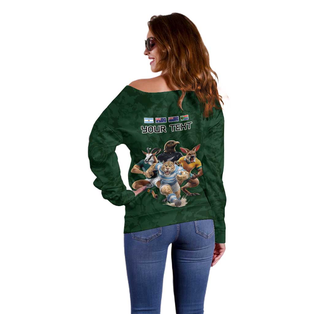 Custom Rugby Southern Hemisphere Off Shoulder Sweater Argentina AUNZ South Africa Mascot Green - Polynesian Pride