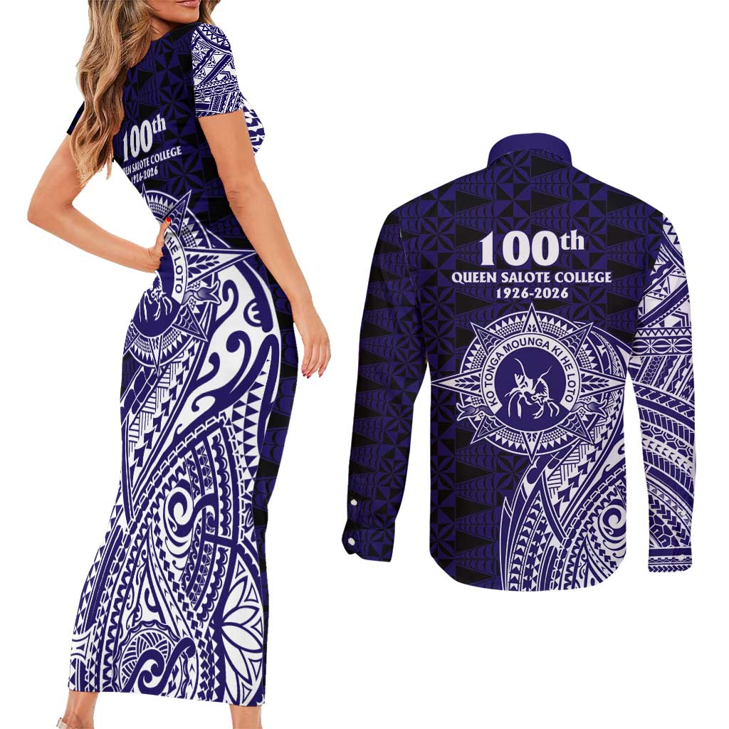 Tonga Queen Salote College 100th Years Couples Matching Short Sleeve Bodycon Dress and Long Sleeve Button Shirt Est 1926 Tongan Ngatu Tapa - Polynesian Pride