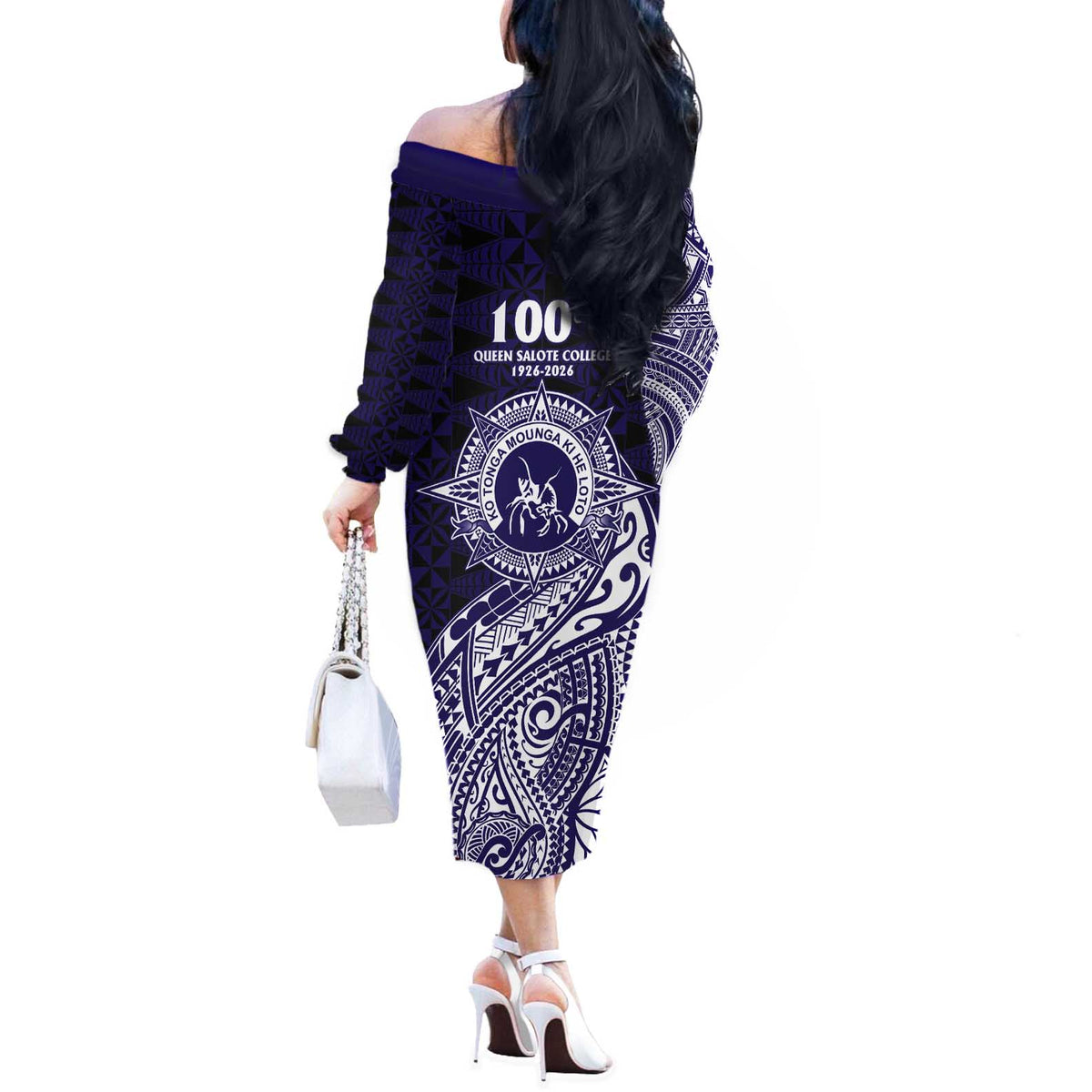 Tonga Queen Salote College 100th Years Off The Shoulder Long Sleeve Dress Est 1926 Tongan Ngatu Tapa - Polynesian Pride