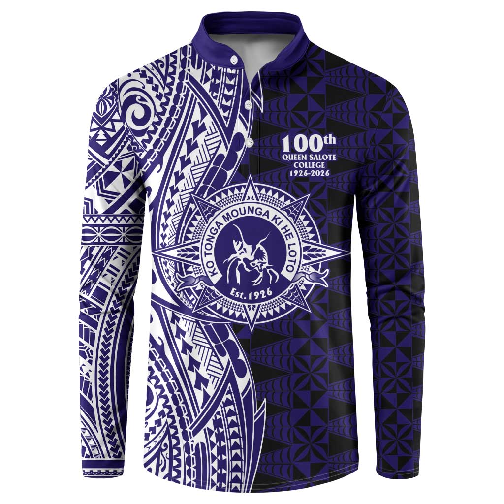 Tonga Queen Salote College 100th Years Button Sweatshirt Blue Tonga Kupesi Uniquely Pacific Art - Polynesian Pride