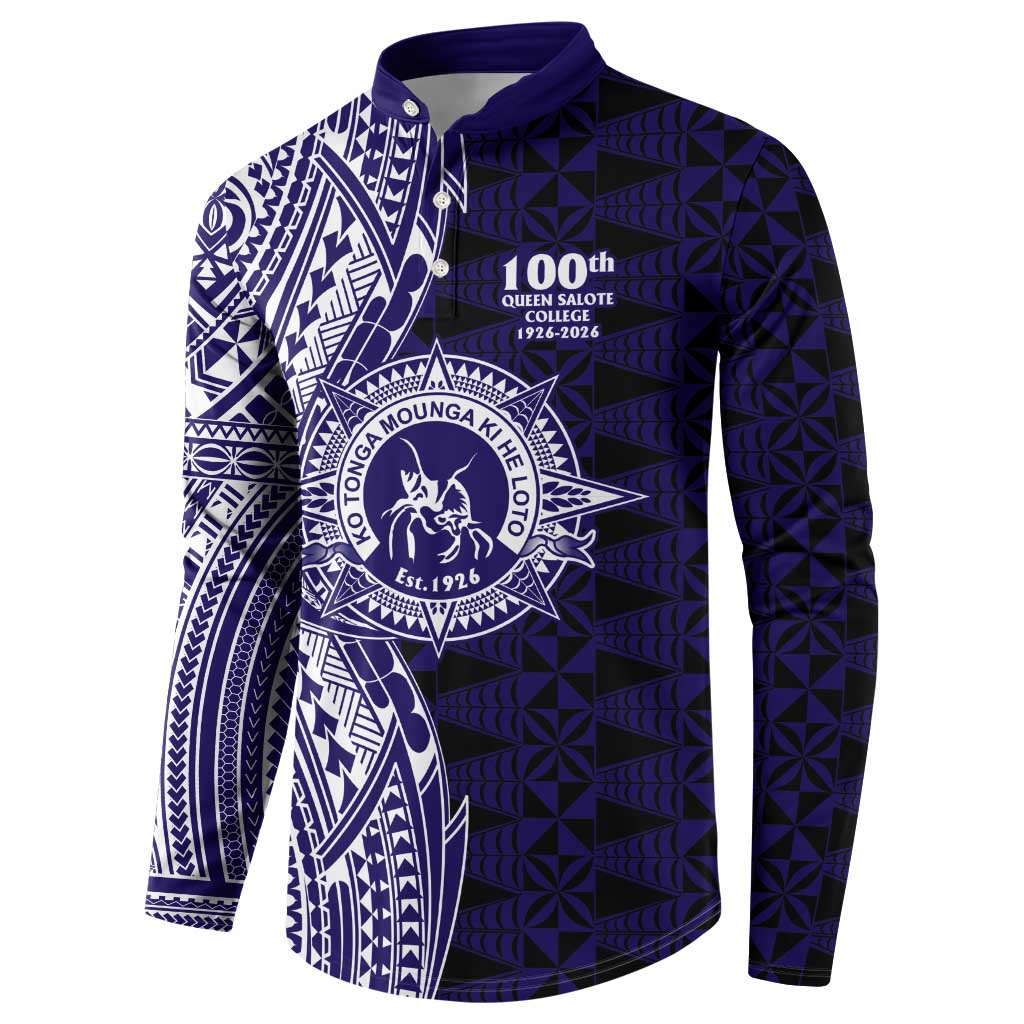 Tonga Queen Salote College 100th Years Button Sweatshirt Blue Tonga Kupesi Uniquely Pacific Art - Polynesian Pride