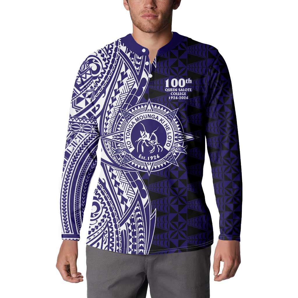 Tonga Queen Salote College 100th Years Button Sweatshirt Blue Tonga Kupesi Uniquely Pacific Art - Polynesian Pride