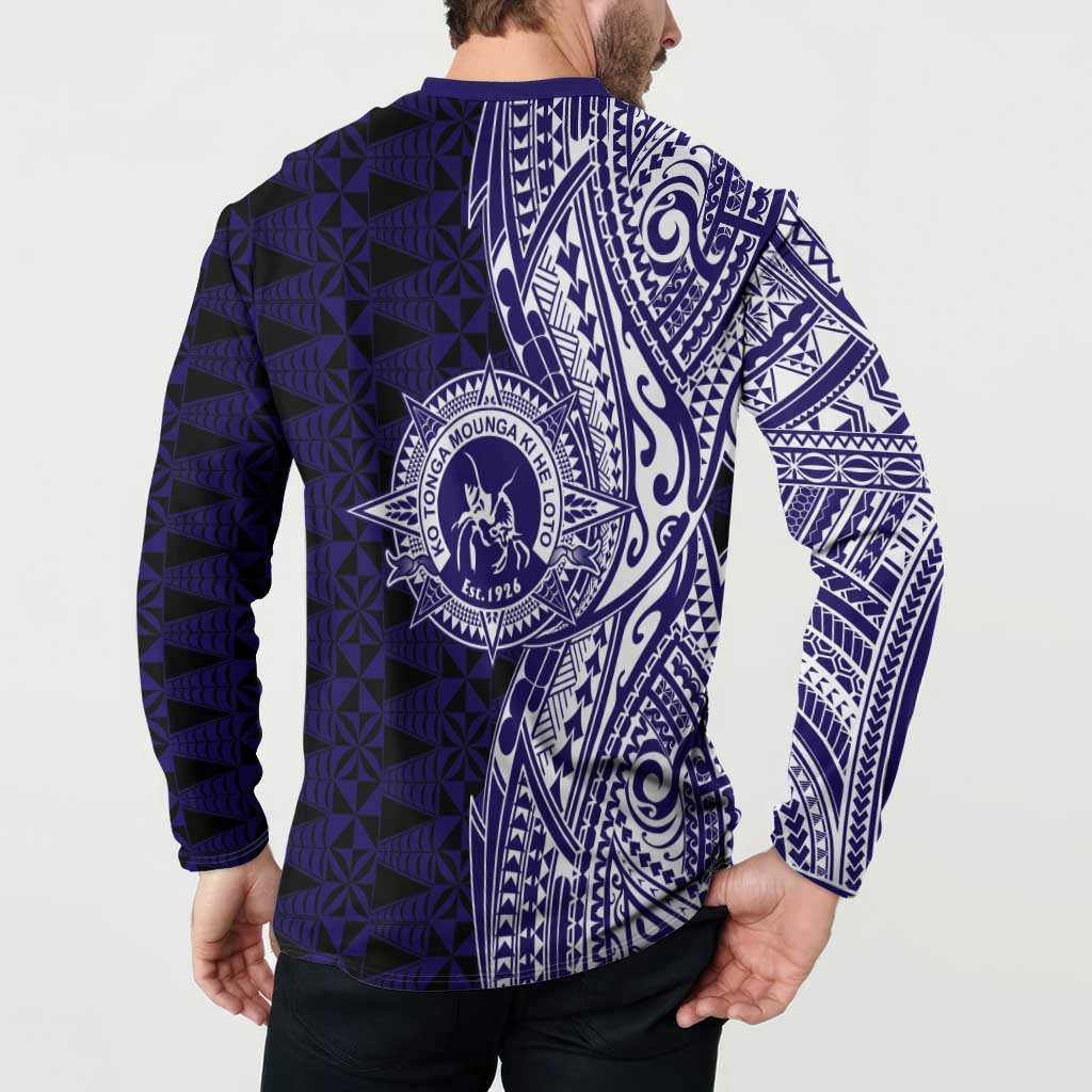 Tonga Queen Salote College 100th Years Button Sweatshirt Blue Tonga Kupesi Uniquely Pacific Art - Polynesian Pride