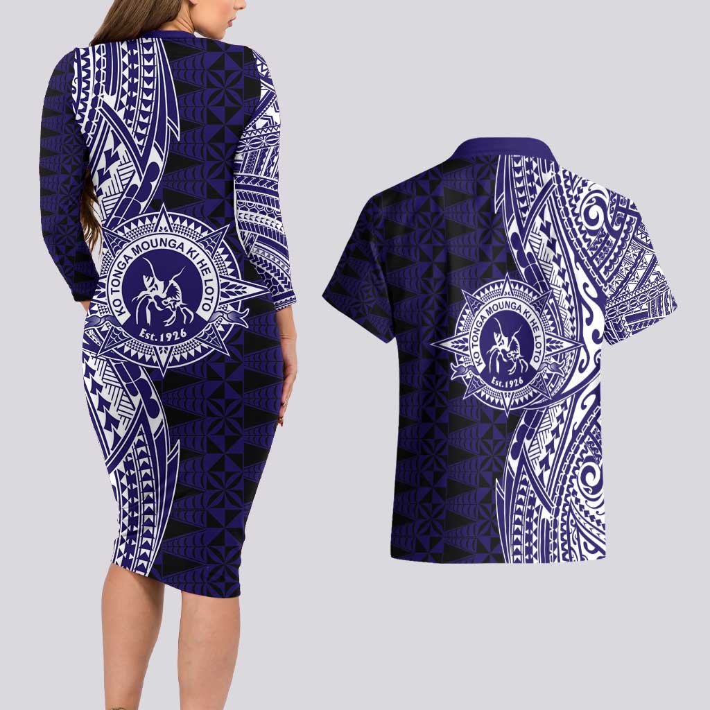 Tonga Queen Salote College 100th Years Couples Matching Long Sleeve Bodycon Dress and Hawaiian Shirt Blue Tonga Kupesi Uniquely Pacific Art - Polynesian Pride