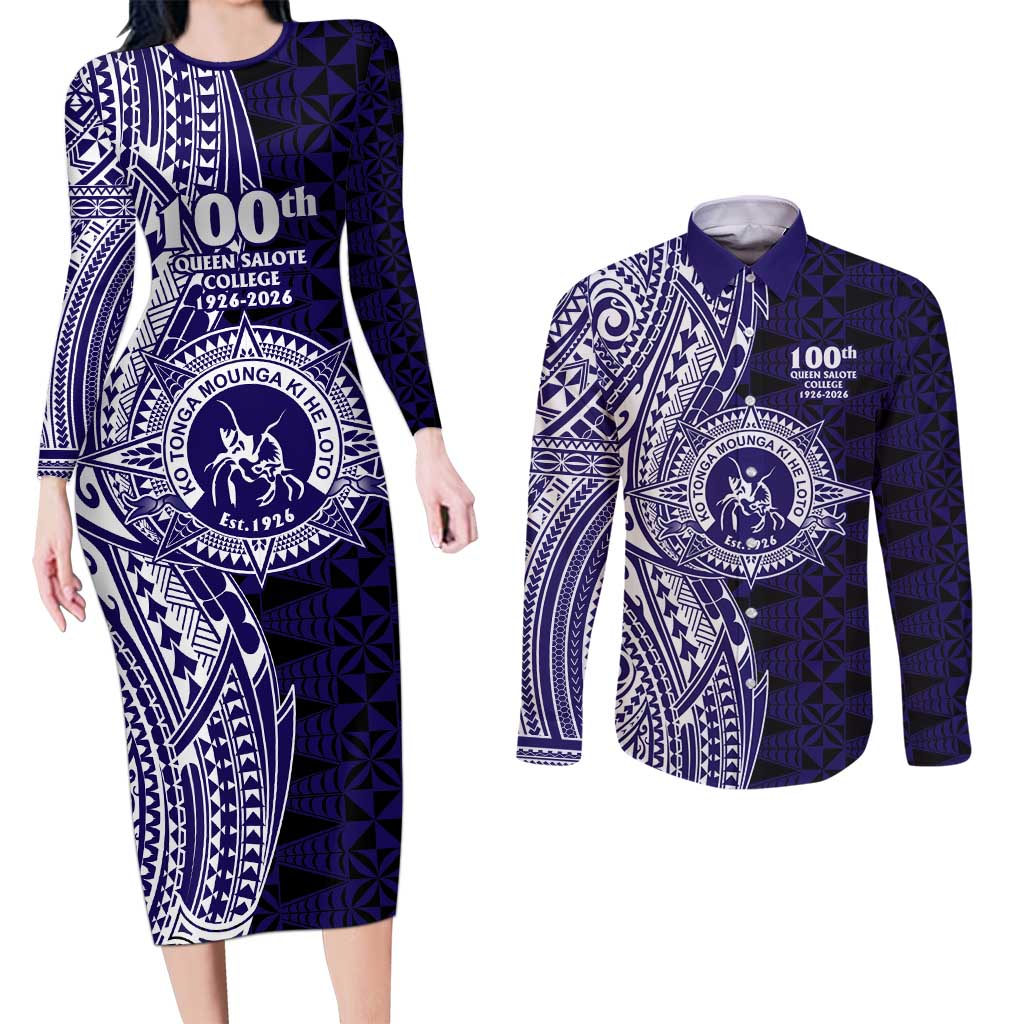 Tonga Queen Salote College 100th Years Couples Matching Long Sleeve Bodycon Dress and Long Sleeve Button Shirt Blue Tonga Kupesi Uniquely Pacific Art - Polynesian Pride