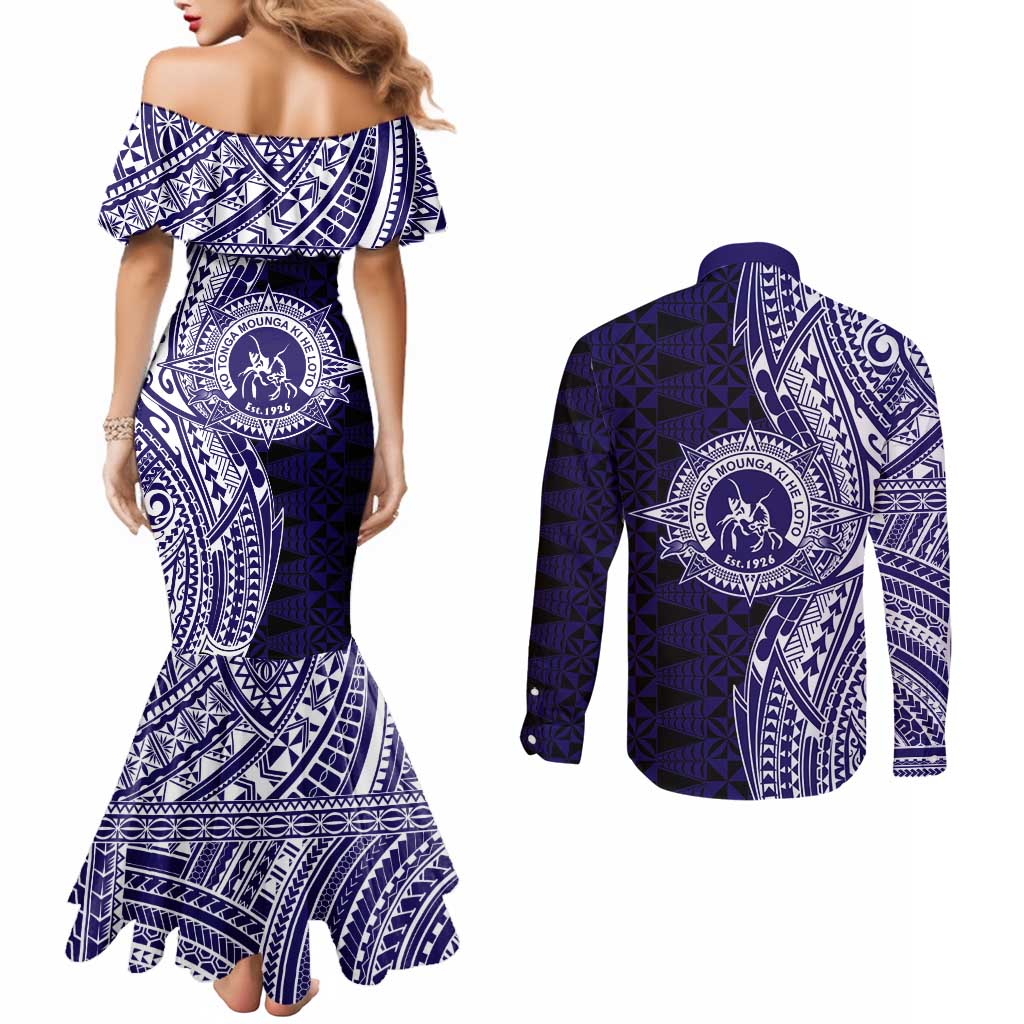 Tonga Queen Salote College 100th Years Couples Matching Mermaid Dress and Long Sleeve Button Shirt Blue Tonga Kupesi Uniquely Pacific Art - Polynesian Pride