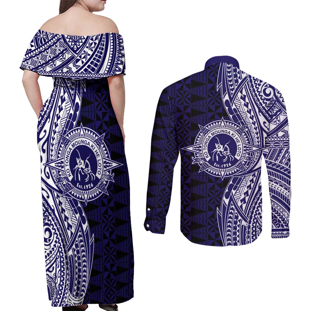 Tonga Queen Salote College 100th Years Couples Matching Off Shoulder Maxi Dress and Long Sleeve Button Shirt Blue Tonga Kupesi Uniquely Pacific Art - Polynesian Pride