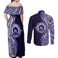 Tonga Queen Salote College 100th Years Couples Matching Off Shoulder Maxi Dress and Long Sleeve Button Shirt Blue Tonga Kupesi Uniquely Pacific Art - Polynesian Pride