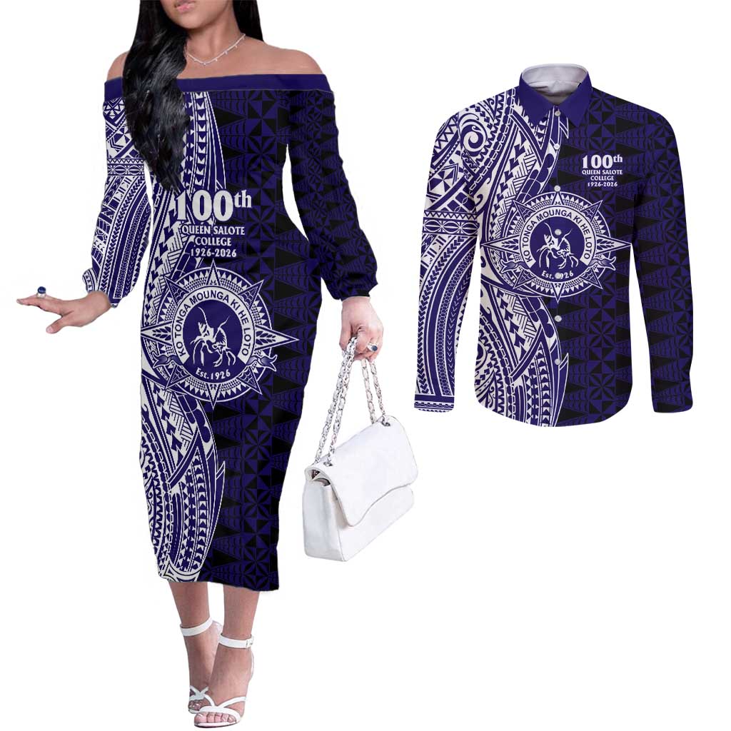 Tonga Queen Salote College 100th Years Couples Matching Off The Shoulder Long Sleeve Dress and Long Sleeve Button Shirt Blue Tonga Kupesi Uniquely Pacific Art - Polynesian Pride