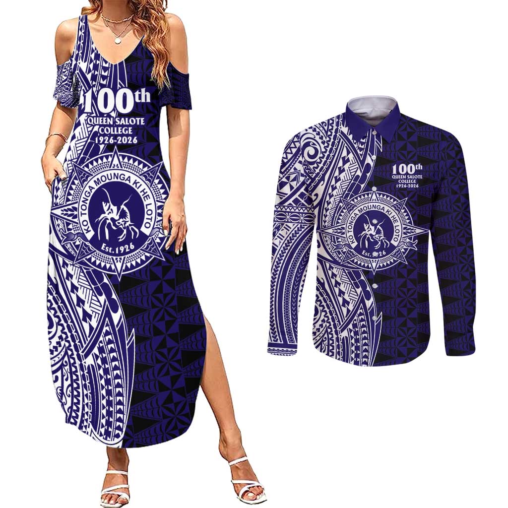 Tonga Queen Salote College 100th Years Couples Matching Summer Maxi Dress and Long Sleeve Button Shirt Blue Tonga Kupesi Uniquely Pacific Art - Polynesian Pride