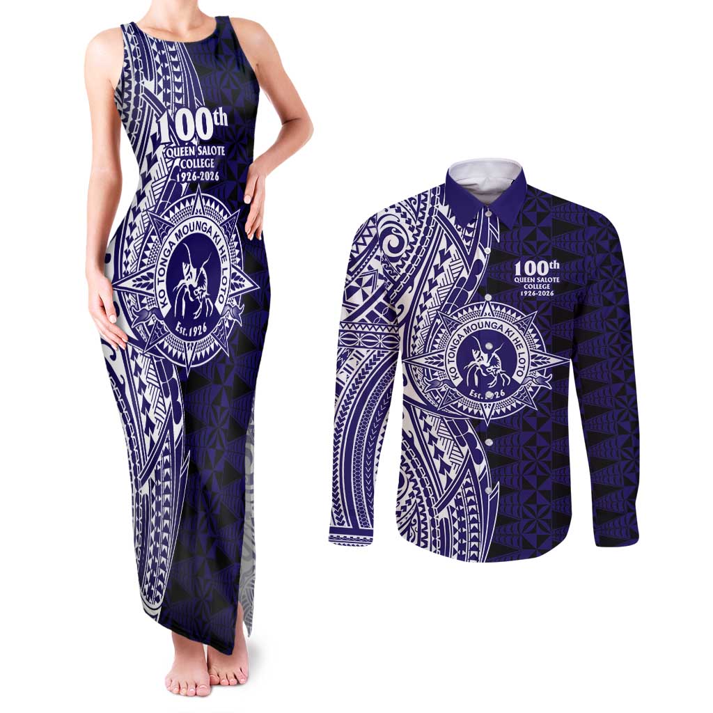 Tonga Queen Salote College 100th Years Couples Matching Tank Maxi Dress and Long Sleeve Button Shirt Blue Tonga Kupesi Uniquely Pacific Art - Polynesian Pride