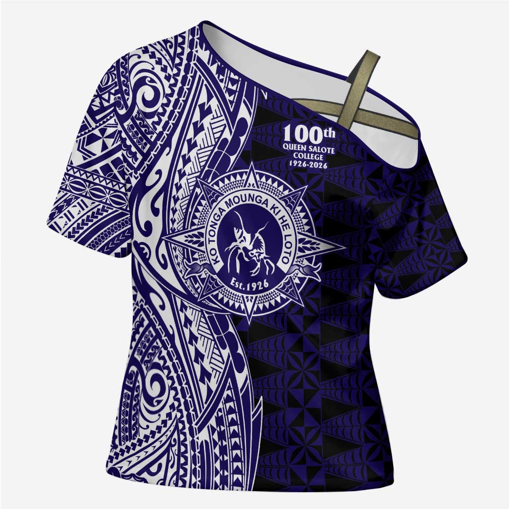 Tonga Queen Salote College 100th Years Cross Shoulder Shirt Blue Tonga Kupesi Uniquely Pacific Art - Polynesian Pride