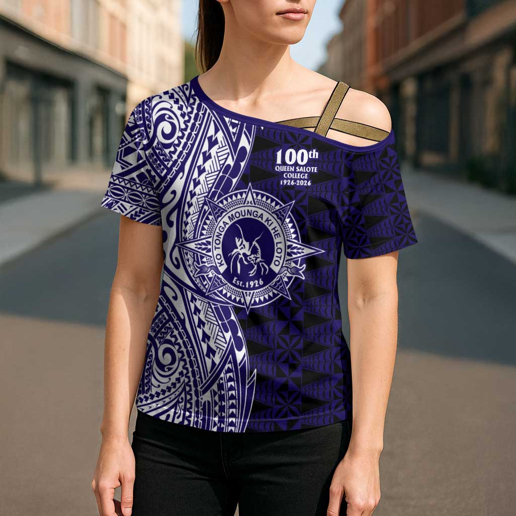 Tonga Queen Salote College 100th Years Cross Shoulder Shirt Blue Tonga Kupesi Uniquely Pacific Art - Polynesian Pride
