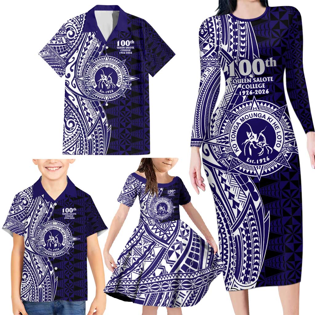Tonga Queen Salote College 100th Years Family Matching Long Sleeve Bodycon Dress and Hawaiian Shirt Blue Tonga Kupesi Uniquely Pacific Art - Polynesian Pride