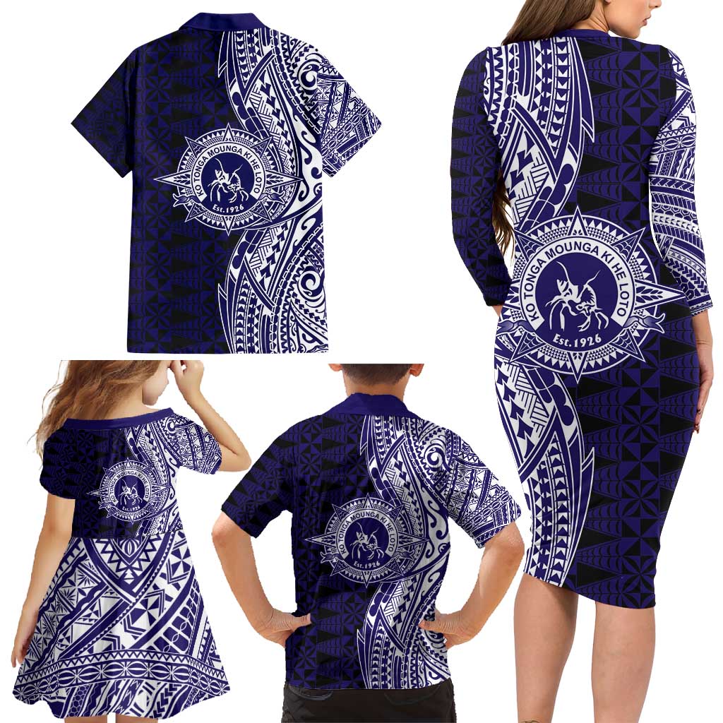 Tonga Queen Salote College 100th Years Family Matching Long Sleeve Bodycon Dress and Hawaiian Shirt Blue Tonga Kupesi Uniquely Pacific Art - Polynesian Pride