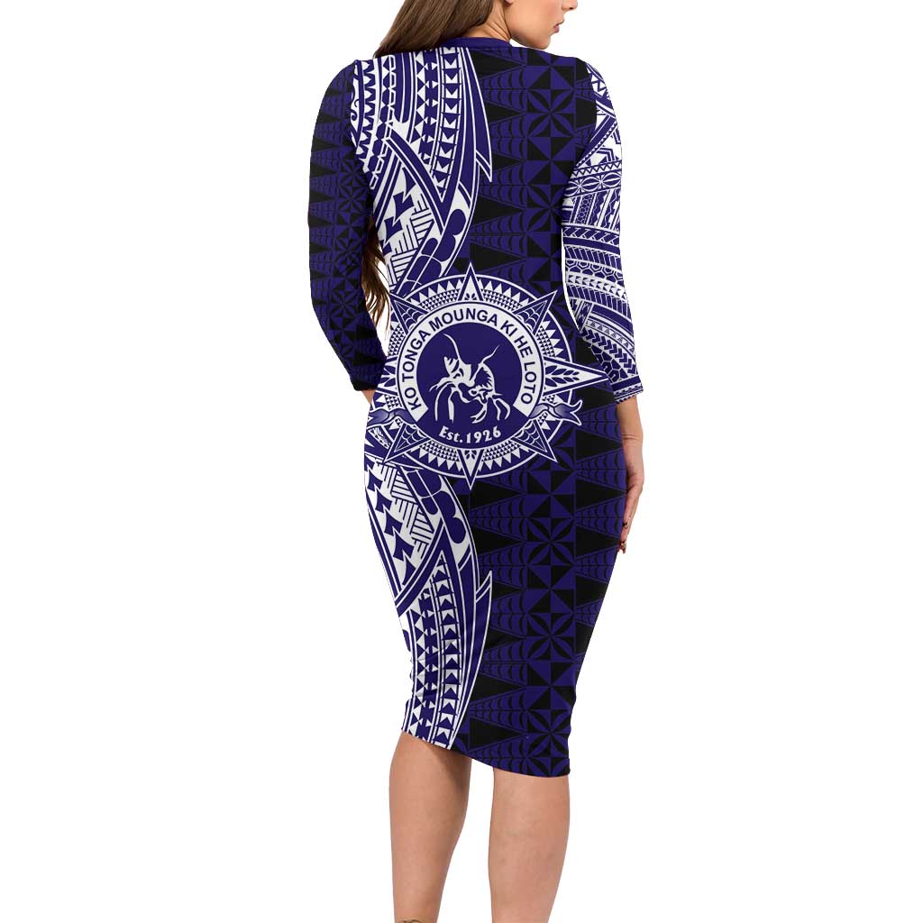Tonga Queen Salote College 100th Years Family Matching Long Sleeve Bodycon Dress and Hawaiian Shirt Blue Tonga Kupesi Uniquely Pacific Art - Polynesian Pride